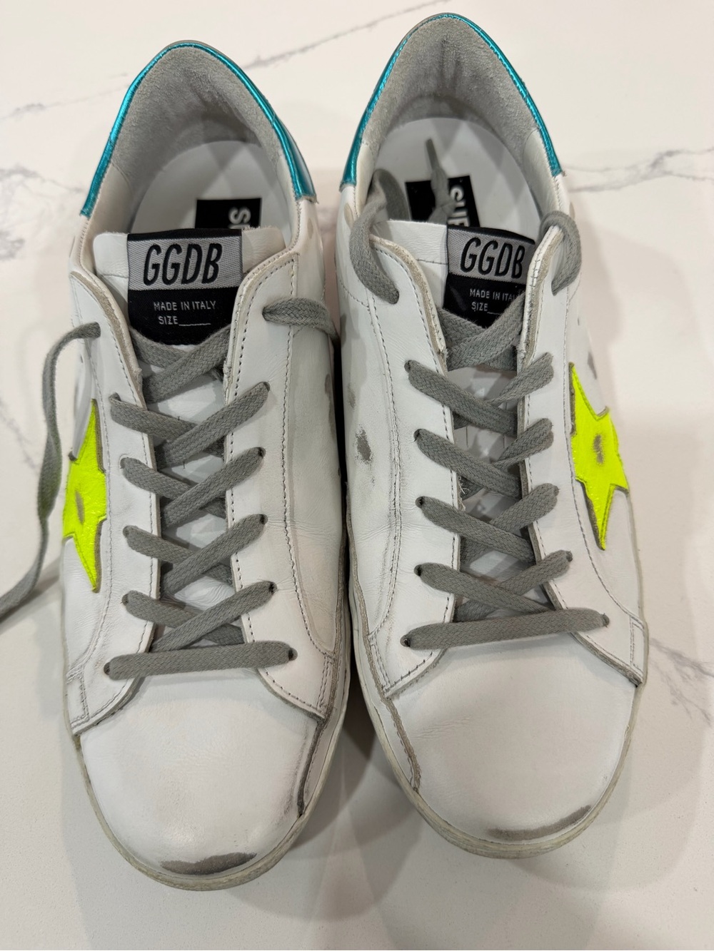 Golden Goose Deluxe Superstar Sneakers w/ Neon Yellow Star & Metallic Teal Heel - Picture 3 of 10